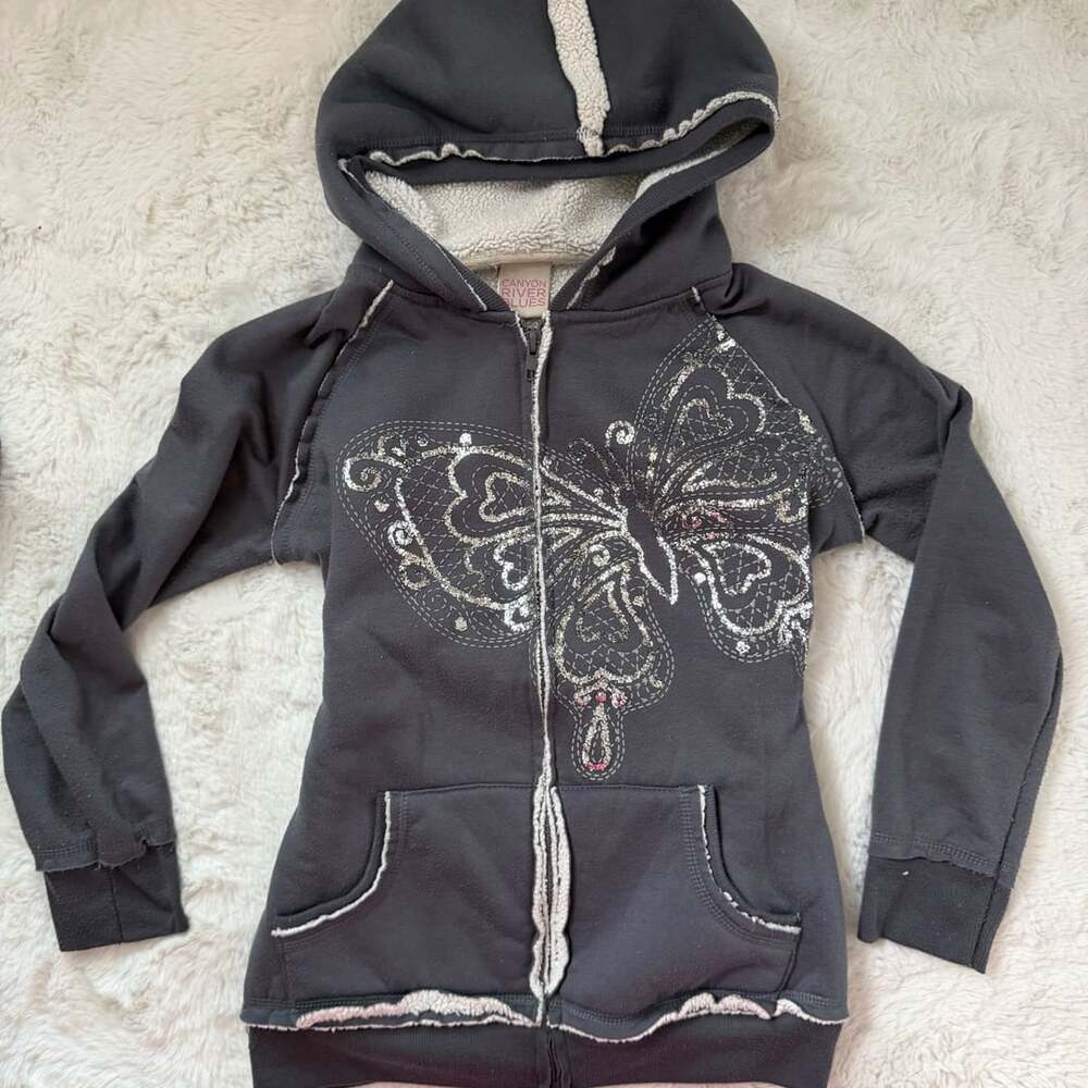 Canyon River Blues Y2K Butterfly Glitter Zip Up Hoodie Size L (14)